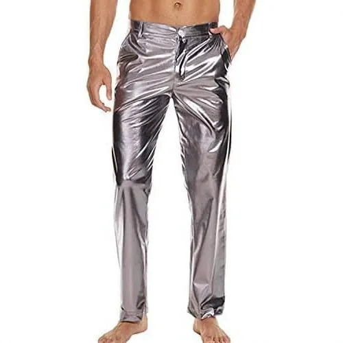 Shiny wet-look disco pants, straight leg capri style, in silver with high elastic waistband