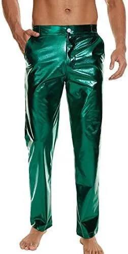 Shiny wet-look disco pants, straight leg capri style, in silver with high elastic waistband