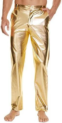 Shiny wet-look disco pants, straight leg capri style, in silver with high elastic waistband