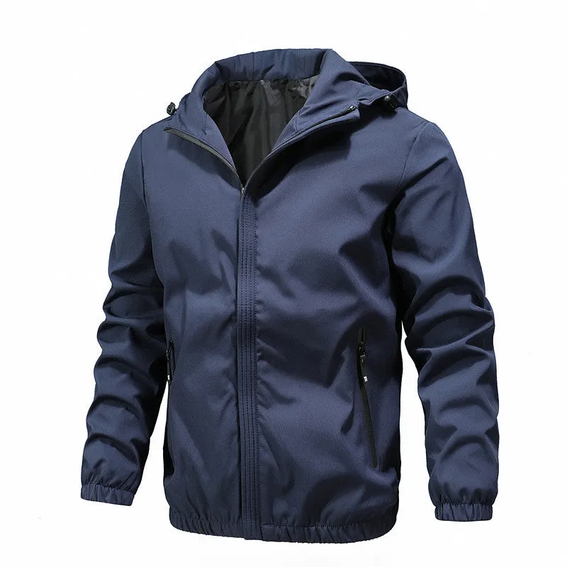 Men's solid colour nylon trench coat in light gray, black, and dark blue, sizes M to 5XL, front view
