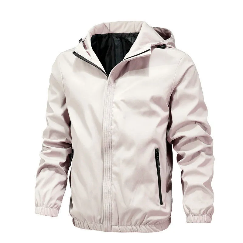 Men's solid colour nylon trench coat in light gray, black, and dark blue, sizes M to 5XL, front view