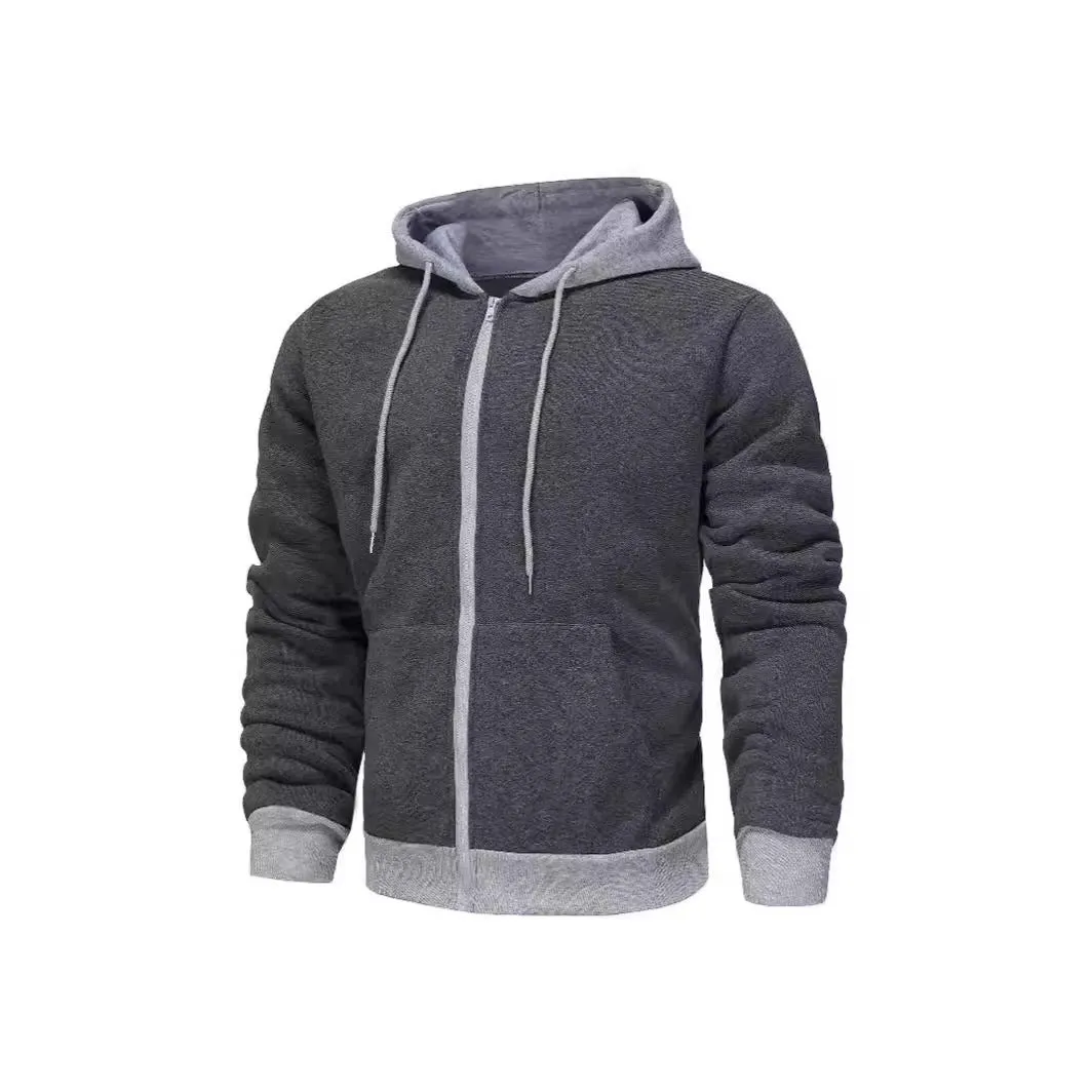 Men's black zip-up hoodie cardigan with a light grey hood on a hanger.