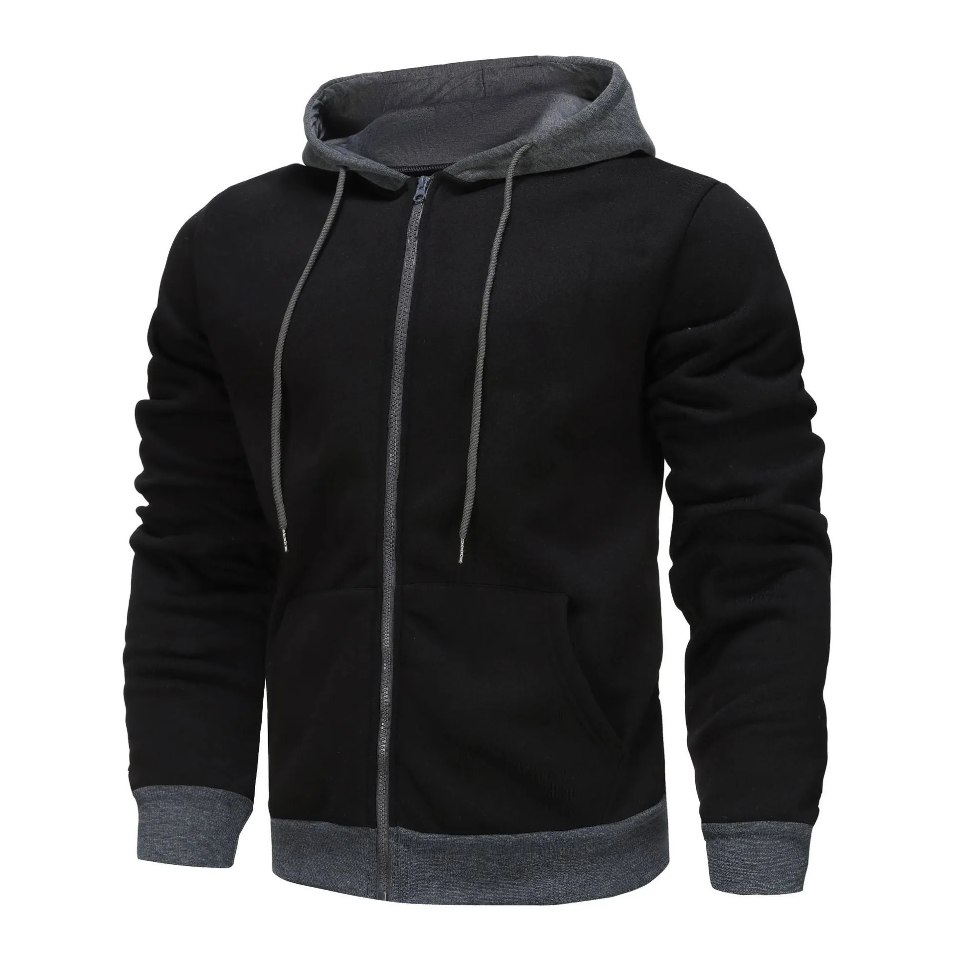 Men's black zip-up hoodie cardigan with a light grey hood on a hanger.
