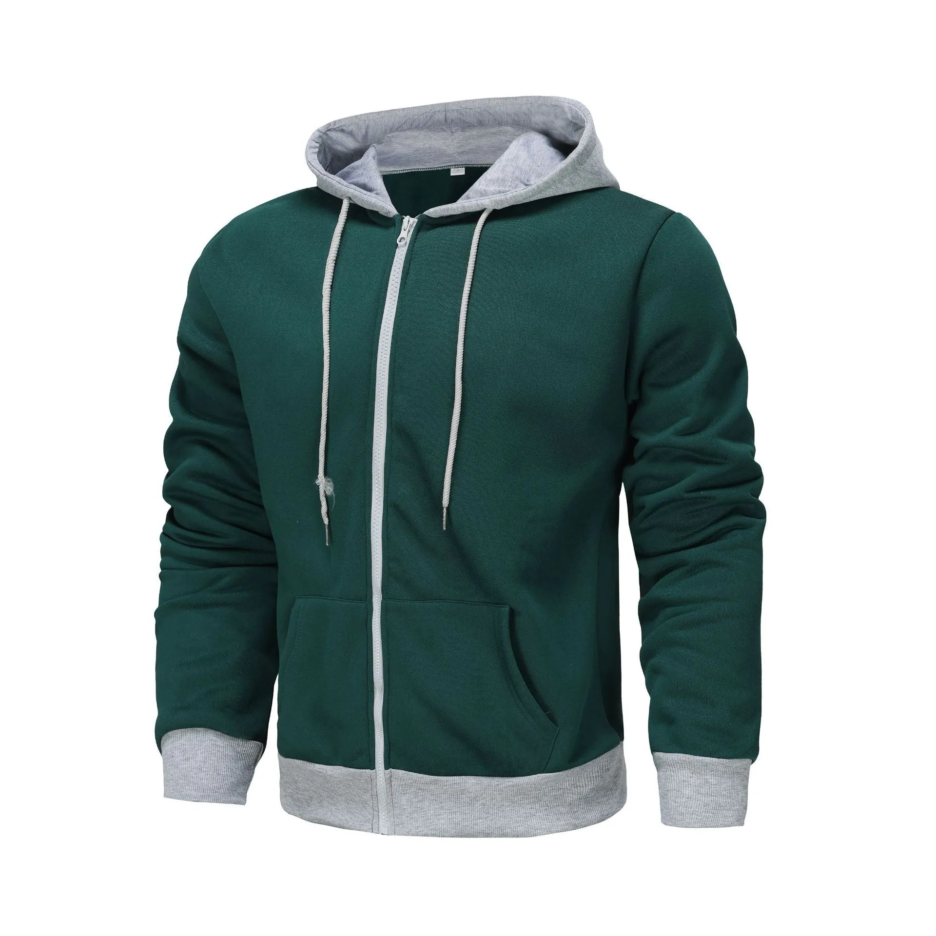 Men's black zip-up hoodie cardigan with a light grey hood on a hanger.