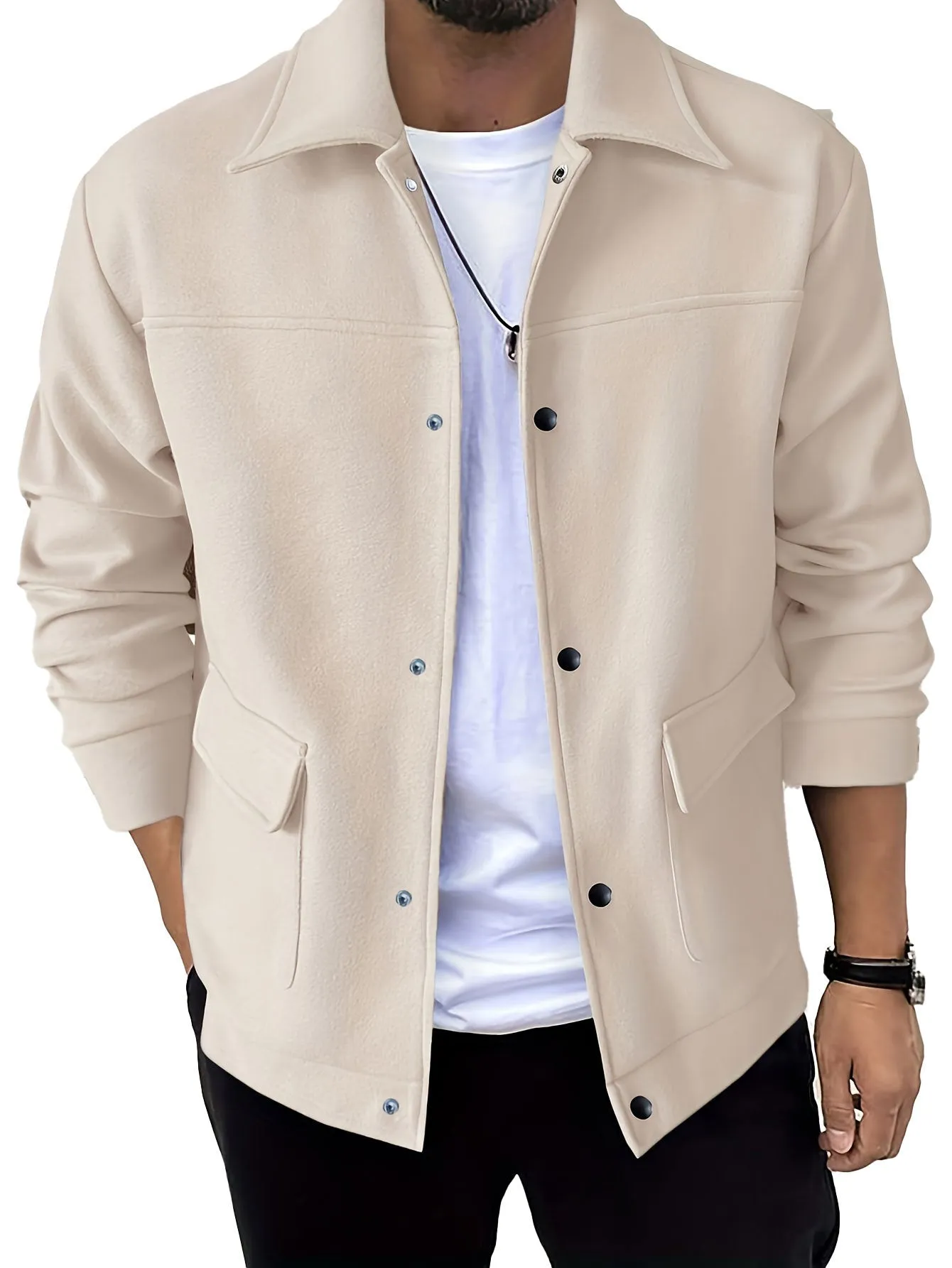 Men's solid colour casual jacket in polyester with regular fit, long sleeves, round hem, topstitching slit pockets