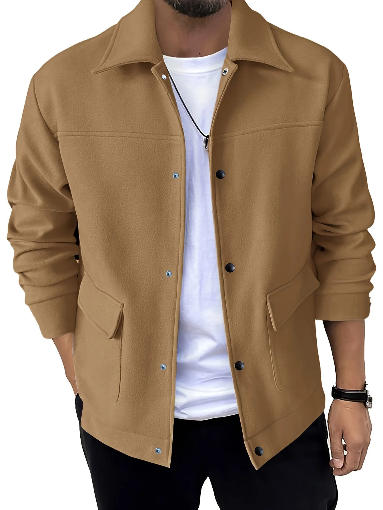 Men's solid colour casual jacket in polyester with regular fit, long sleeves, round hem, topstitching slit pockets