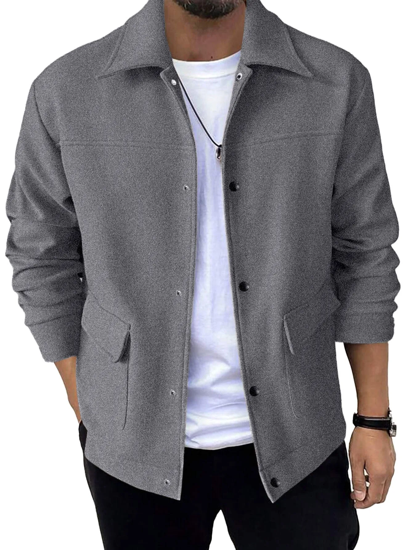 Men's solid colour casual jacket in polyester with regular fit, long sleeves, round hem, topstitching slit pockets