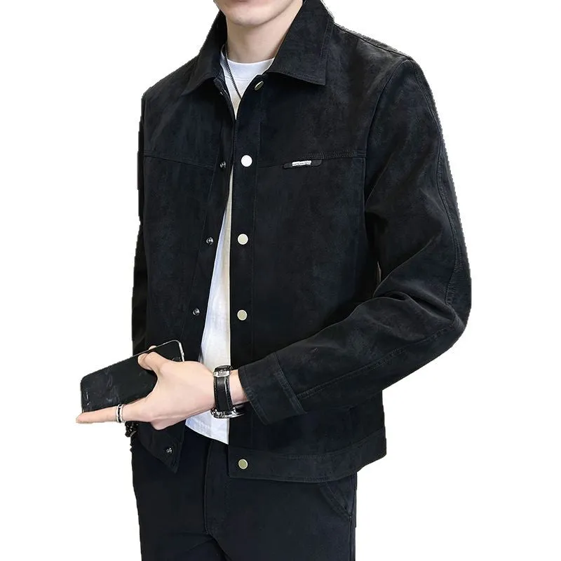 Solid colour suede lapel spring jacket for men, regular fit, long sleeves, side pockets, brown colour