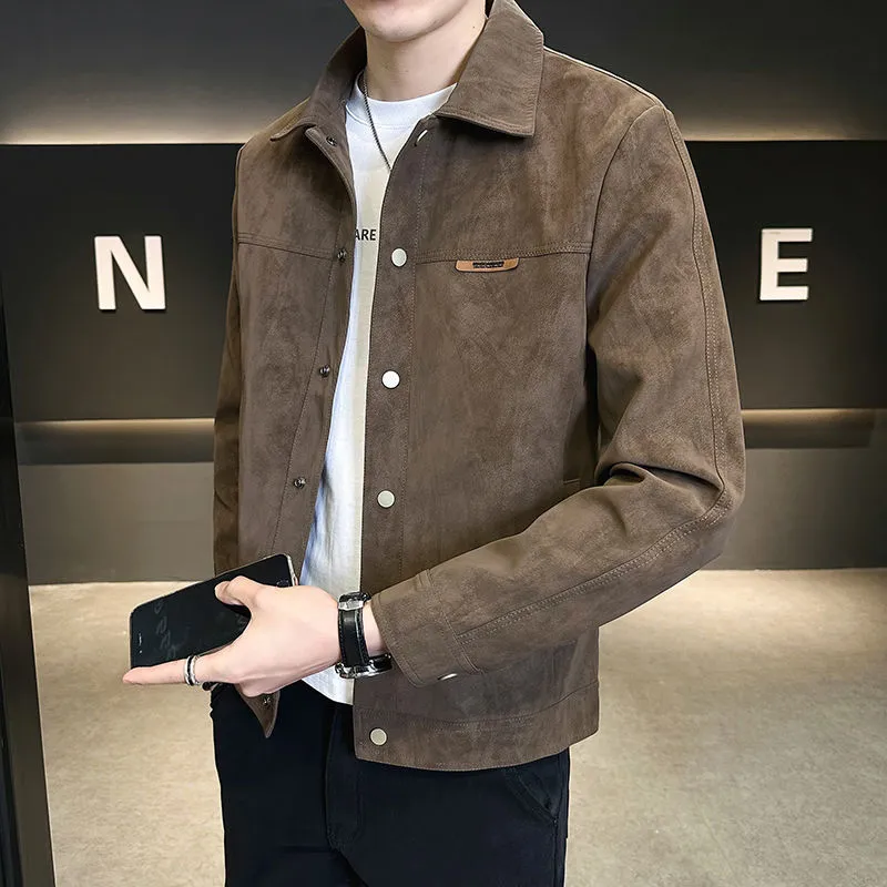 Solid colour suede lapel spring jacket for men, regular fit, long sleeves, side pockets, brown colour