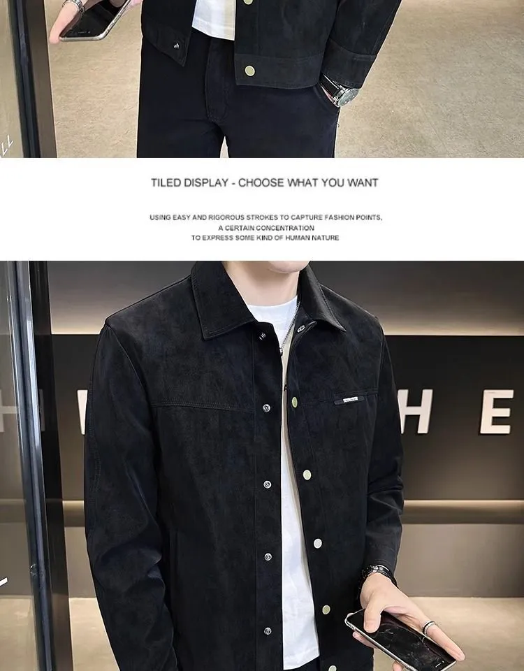 Solid colour suede lapel spring jacket for men, regular fit, long sleeves, side pockets, brown colour