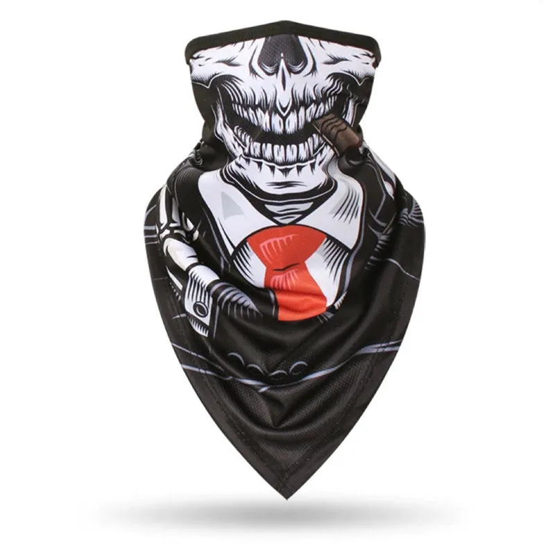 Lycra spandex full face and neck protection sun mask showing skull and floral design options