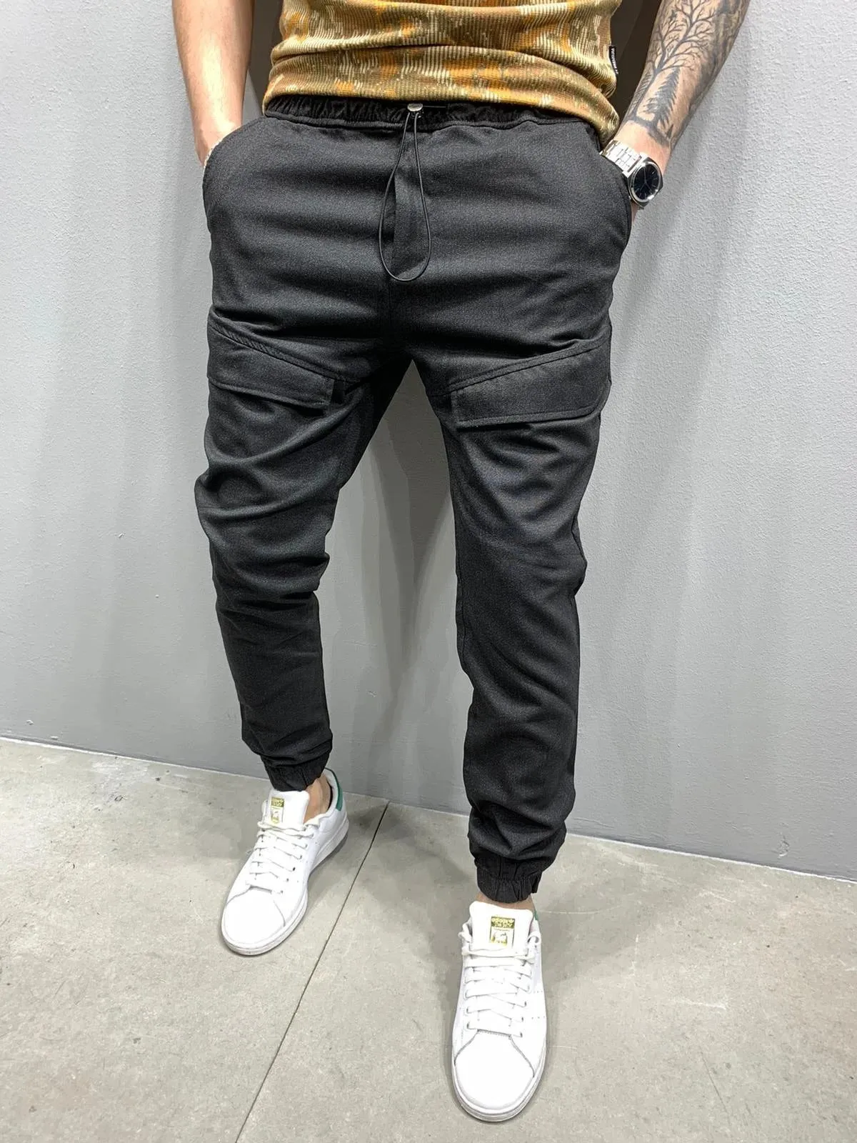 Men's casual trousers in black, loose fit, mid waist, polyester fabric with tie rope, sizes M to 3XL