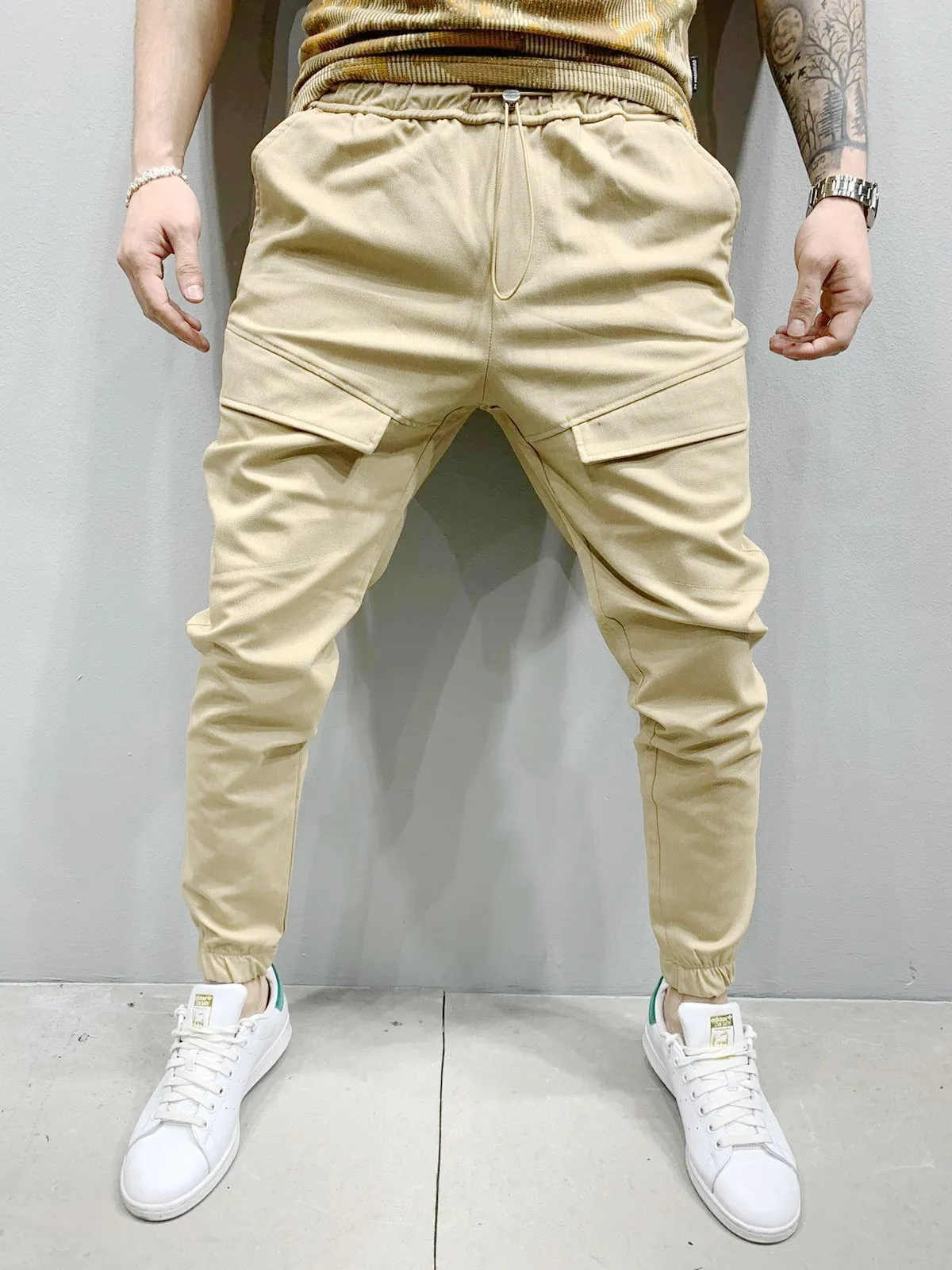 Men's casual trousers in black, loose fit, mid waist, polyester fabric with tie rope, sizes M to 3XL
