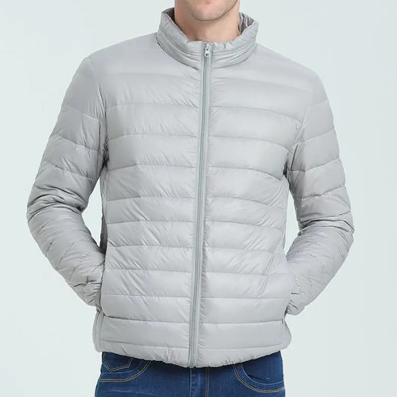 Men's stand collar winter coat in solid colour with zippered pockets, nylon fabric, 65cm length