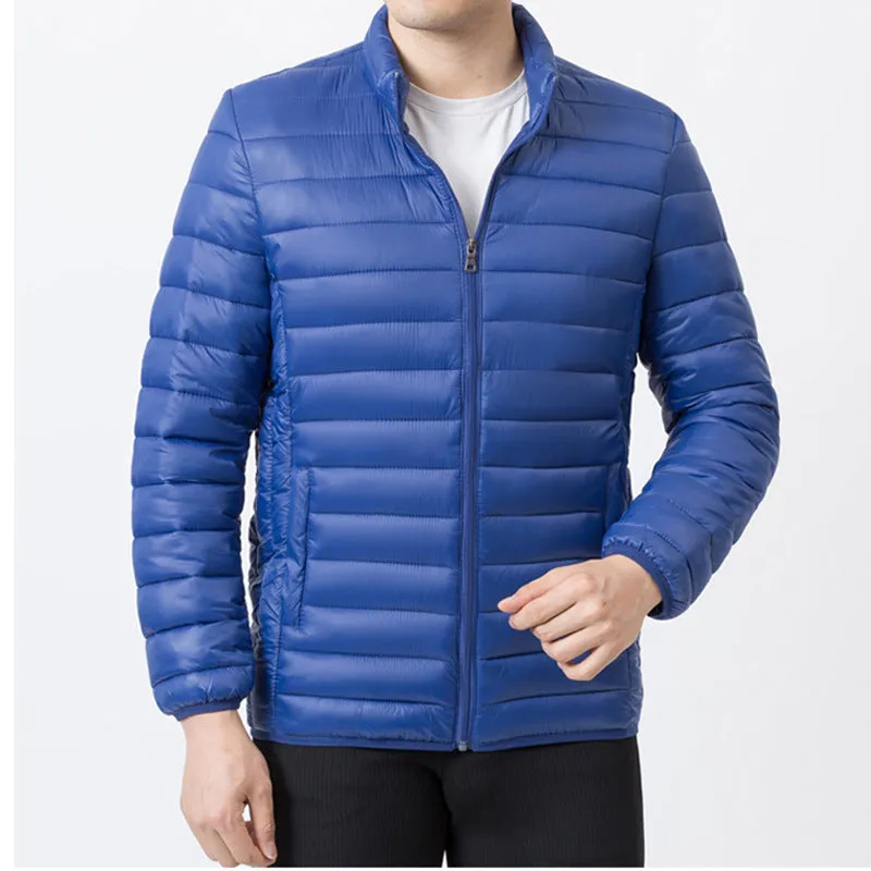 Men's stand collar winter coat in solid colour with zippered pockets, nylon fabric, 65cm length