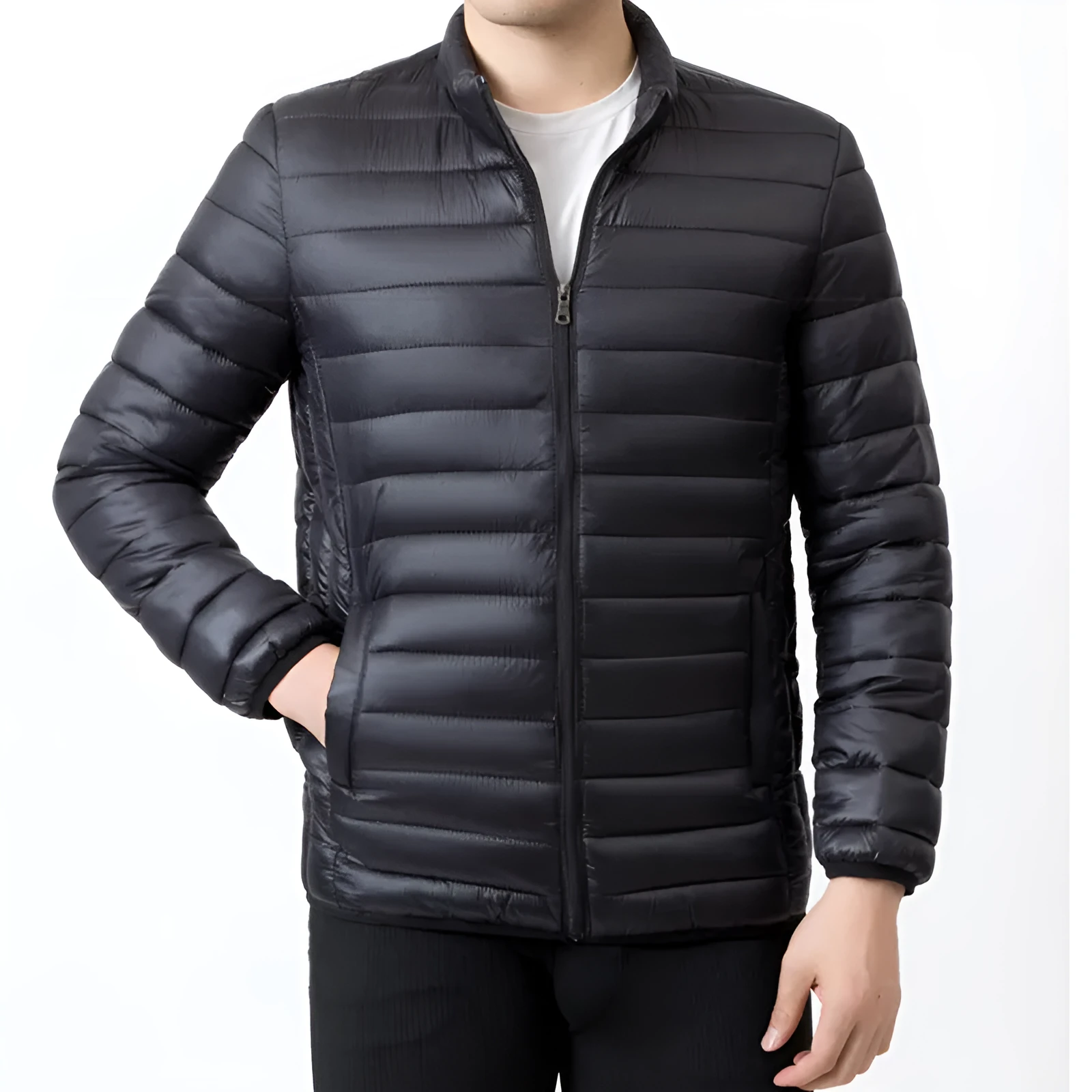 Men's stand collar winter coat in solid colour with zippered pockets, nylon fabric, 65cm length
