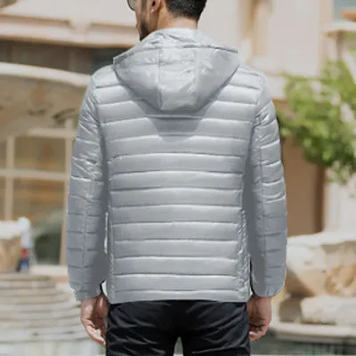 Men's stand collar winter coat in solid colour with zippered pockets, nylon fabric, 65cm length