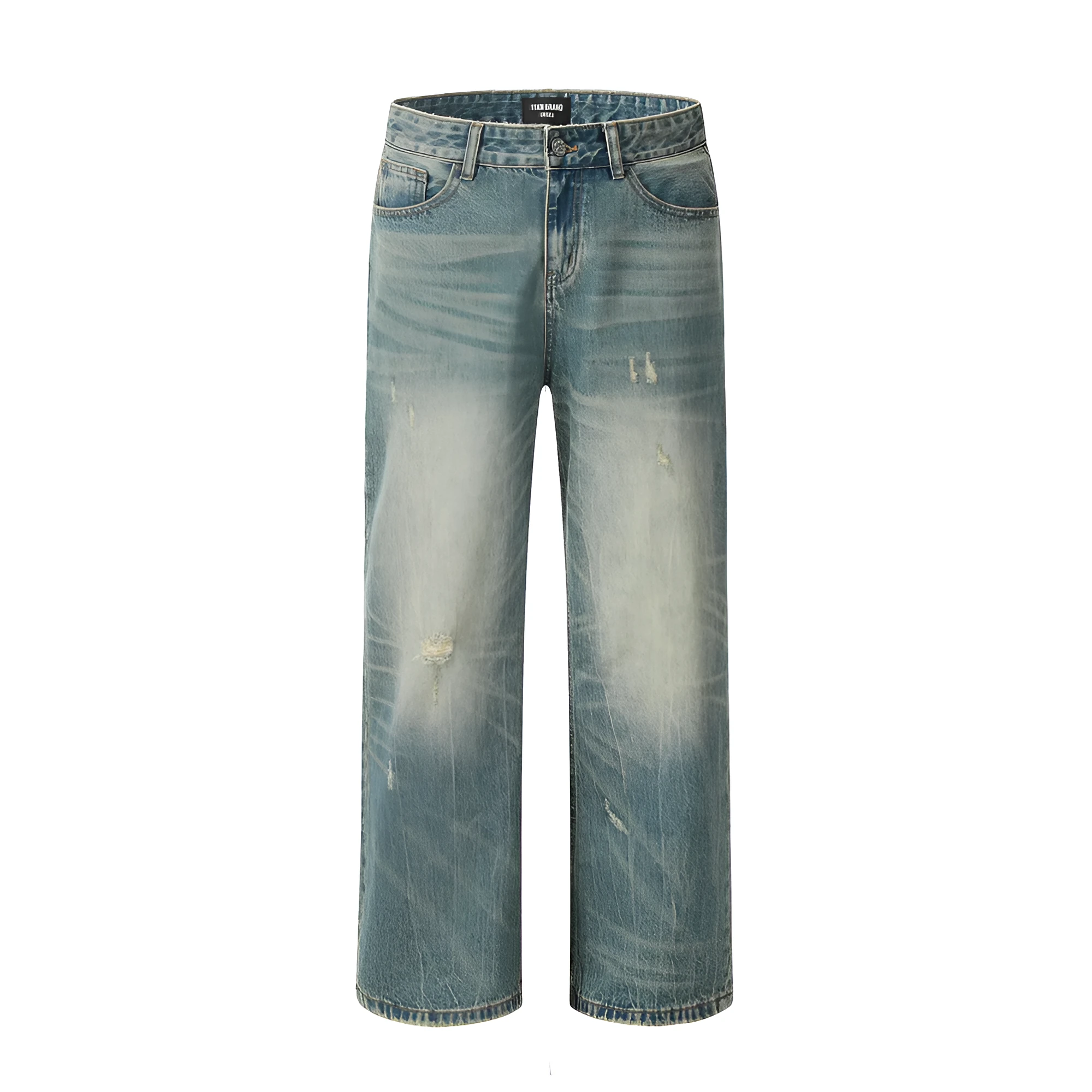 Retro distressed jeans for men in vintage blue cotton denim with worn-in finish, front view