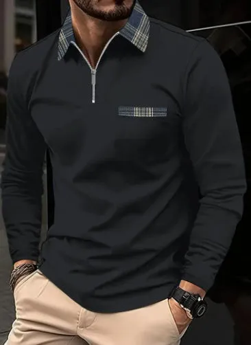 Men's leisure plaid lapel polo shirt long sleeve cotton blend solid colour top in black