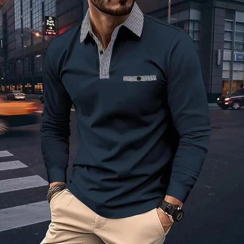 Men's leisure plaid lapel polo shirt long sleeve cotton blend solid colour top in black