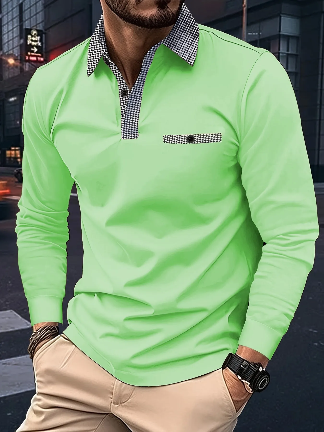 Men's leisure plaid lapel polo shirt long sleeve cotton blend solid colour top in black