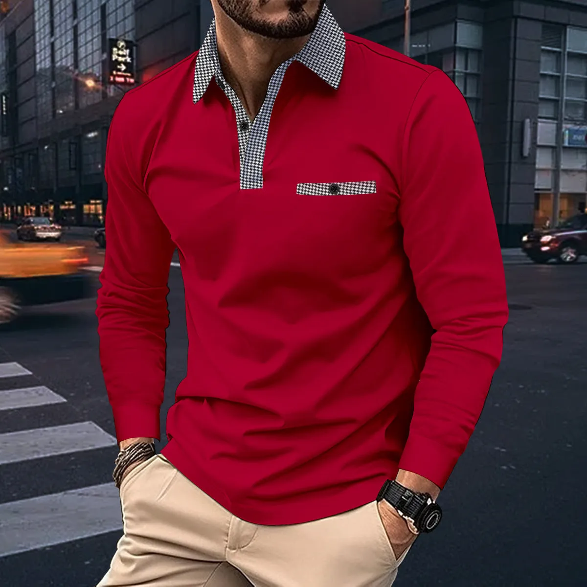 Men's leisure plaid lapel polo shirt long sleeve cotton blend solid colour top in black