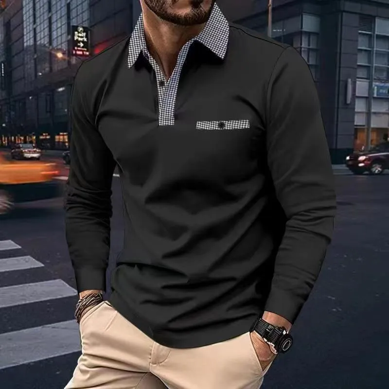 Men's leisure plaid lapel polo shirt long sleeve cotton blend solid colour top in black