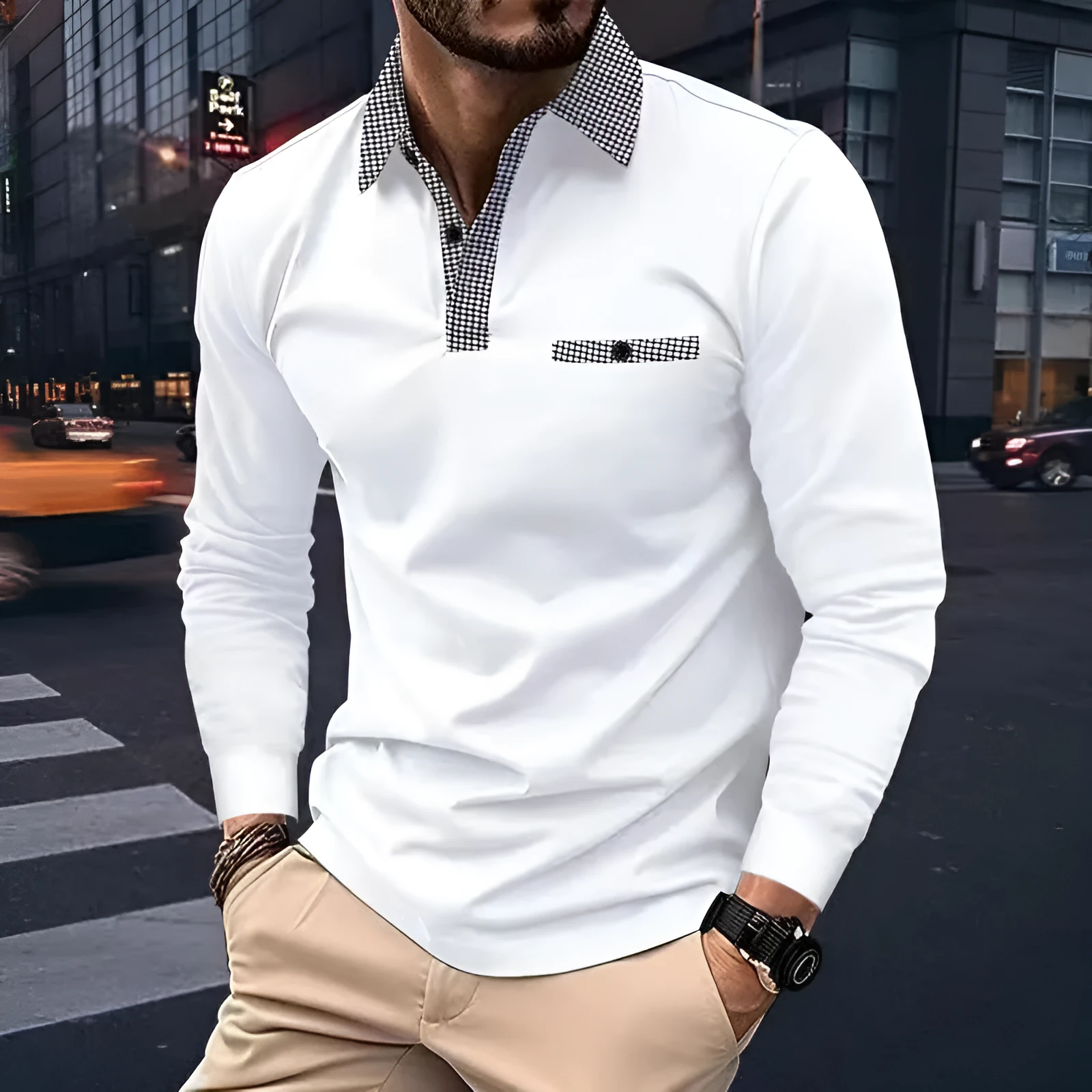 Men's leisure plaid lapel polo shirt long sleeve cotton blend solid colour top in black