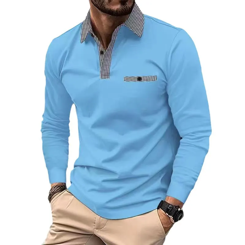 Men's leisure plaid lapel polo shirt long sleeve cotton blend solid colour top in black