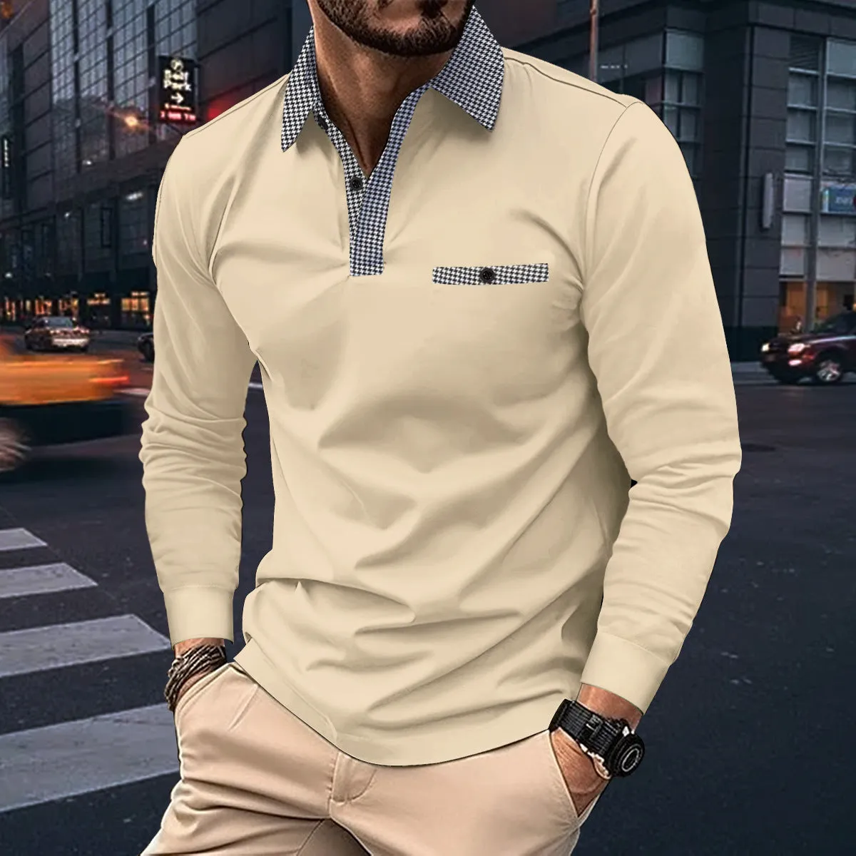 Men's leisure plaid lapel polo shirt long sleeve cotton blend solid colour top in black