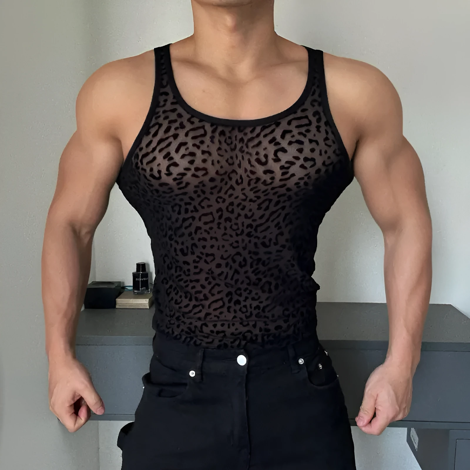 Leopard print cutout see-through black vest for men sleeveless t-shirt base layer