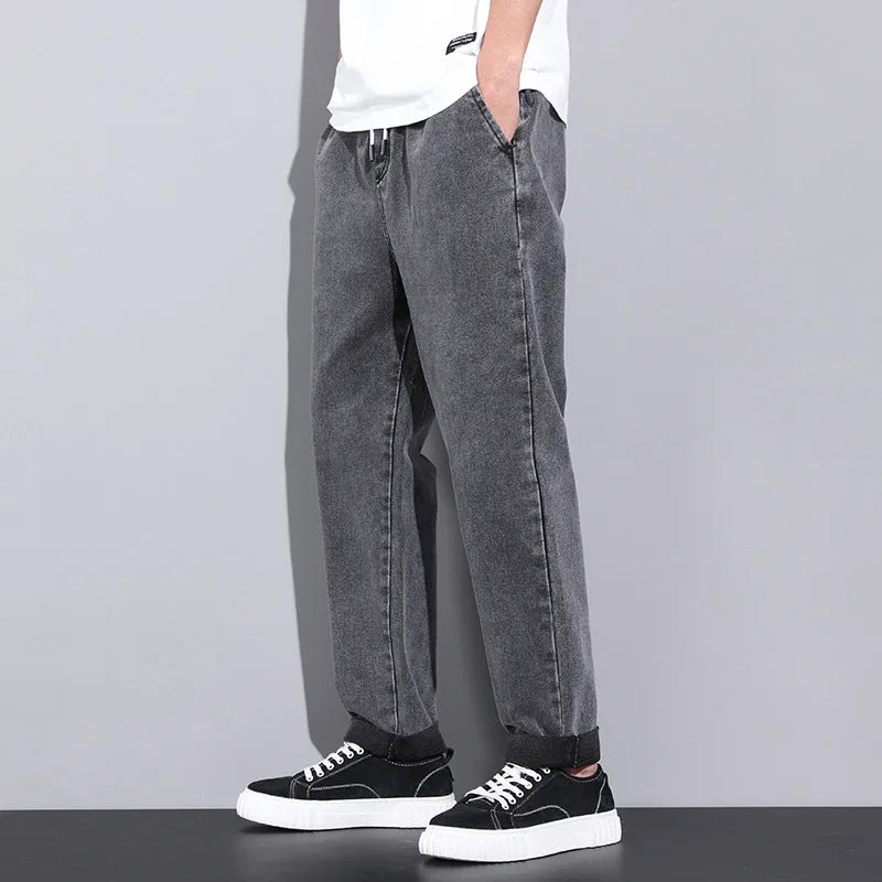 Men's loose wide leg denim trousers with elasticated drawstring waist in multiple colours, straight-leg fit