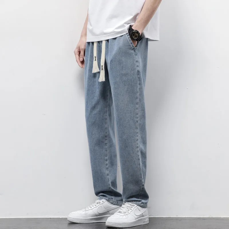 Men's loose wide leg denim trousers with elasticated drawstring waist in multiple colours, straight-leg fit