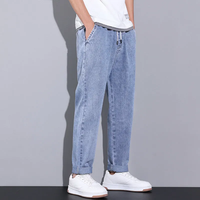 Men's loose wide leg denim trousers with elasticated drawstring waist in multiple colours, straight-leg fit