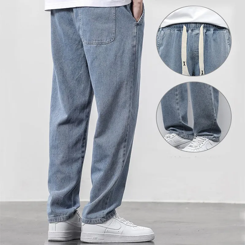 Men's loose wide leg denim trousers with elasticated drawstring waist in multiple colours, straight-leg fit