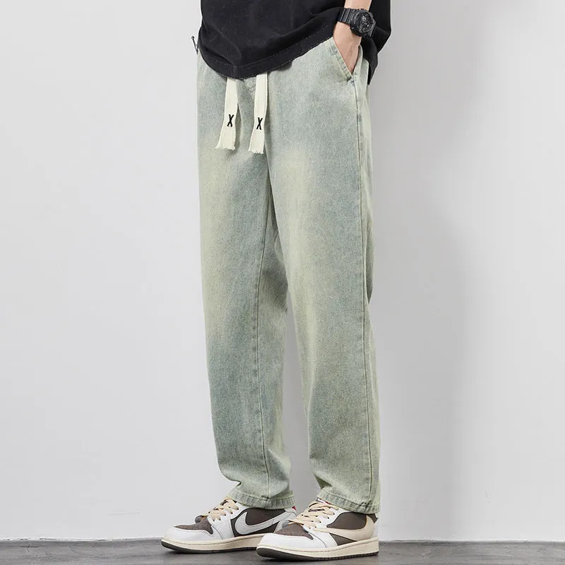 Men's loose wide leg denim trousers with elasticated drawstring waist in multiple colours, straight-leg fit