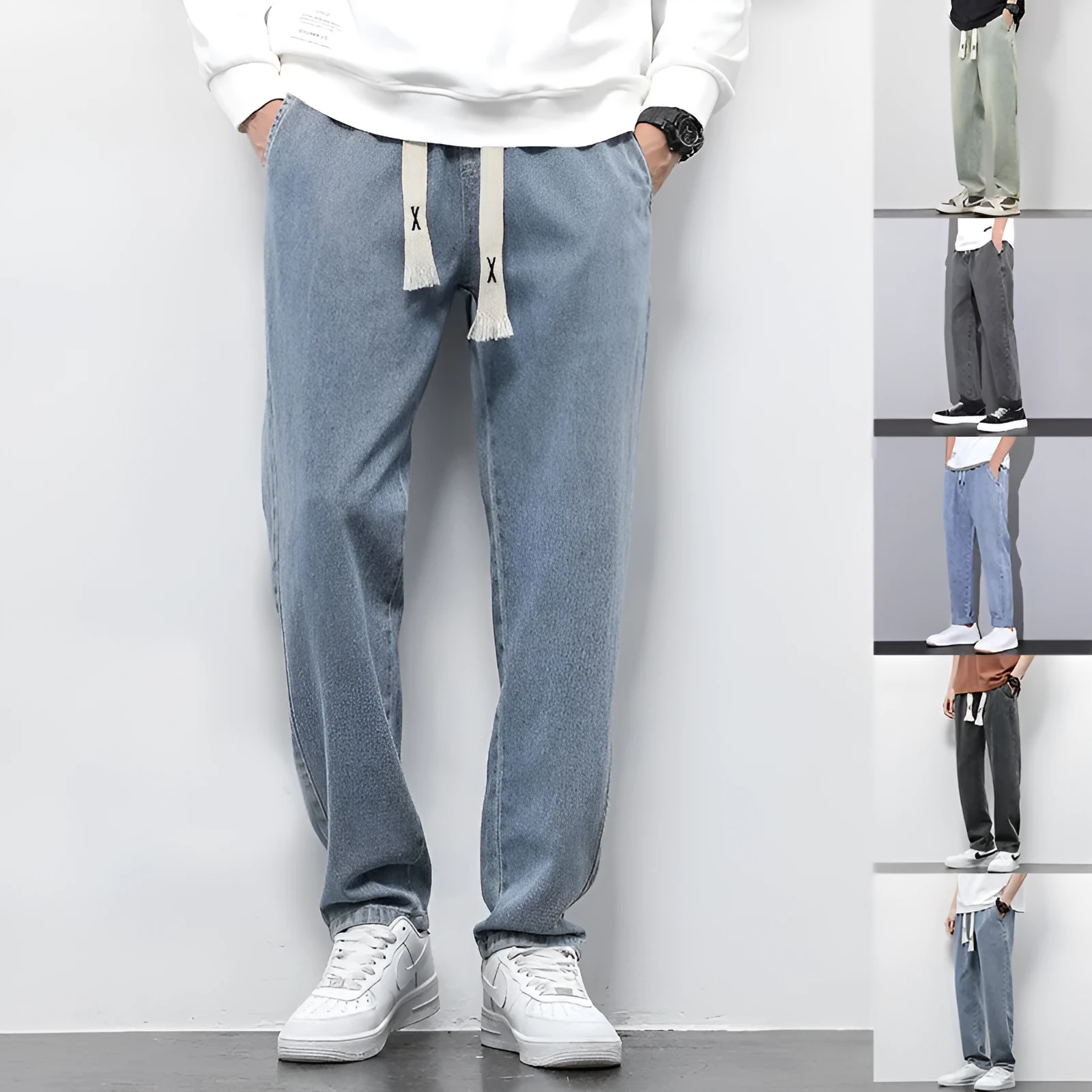 Men's loose wide leg denim trousers with elasticated drawstring waist in multiple colours, straight-leg fit