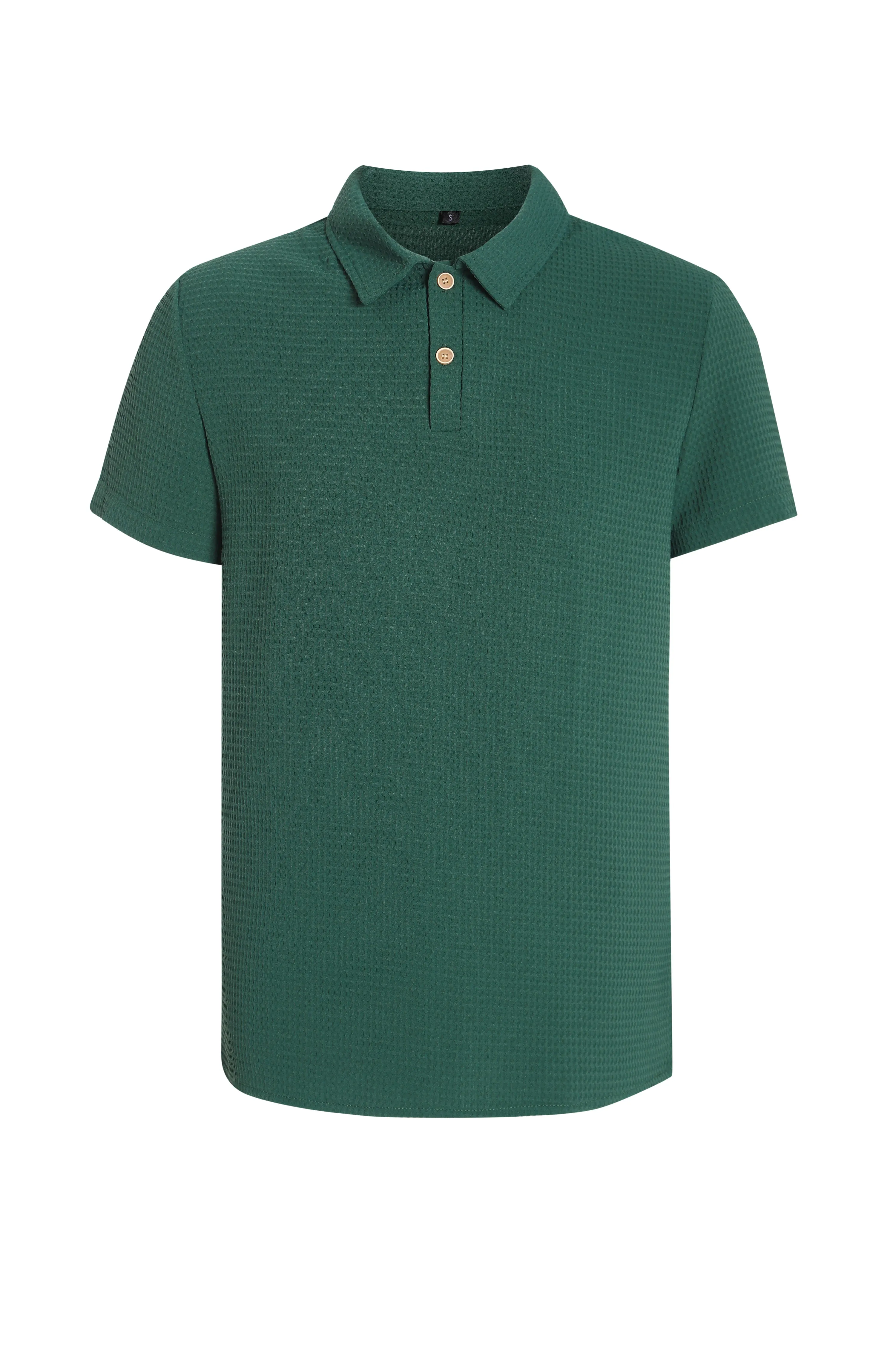 Retro waffle pattern dark green lapel Polo shirt with short sleeves and two metallic buttons