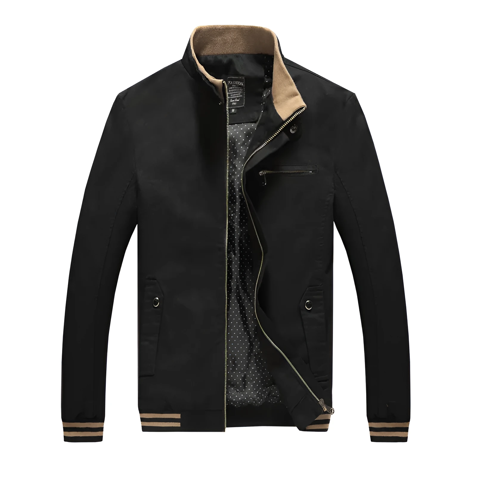 Men's casual jacket in washed pure cotton, four pockets, band collar, Khaki colour, front view size M