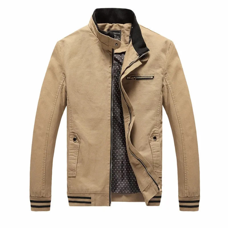 Men's casual jacket in washed pure cotton, four pockets, band collar, Khaki colour, front view size M