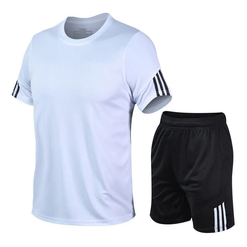 Men's two-piece sports suit with short-sleeve T-shirt and shorts in quick-dry polyester blend, available in multiple colours