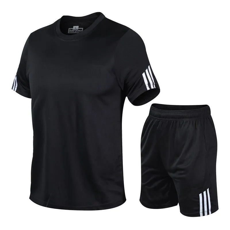Men's two-piece sports suit with short-sleeve T-shirt and shorts in quick-dry polyester blend, available in multiple colours