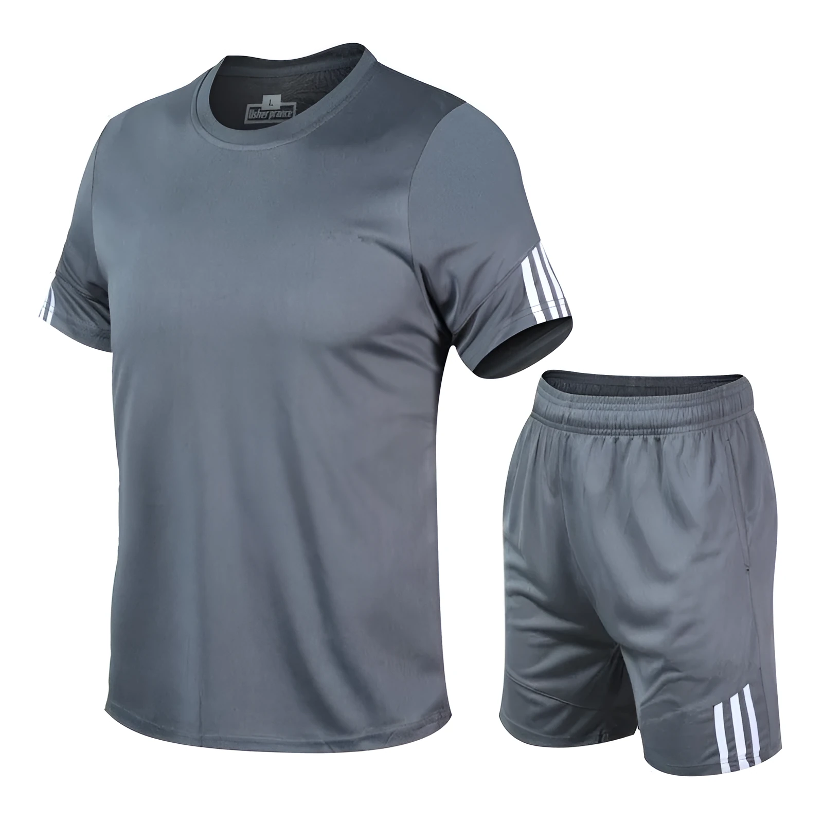 Men's two-piece sports suit with short-sleeve T-shirt and shorts in quick-dry polyester blend, available in multiple colours