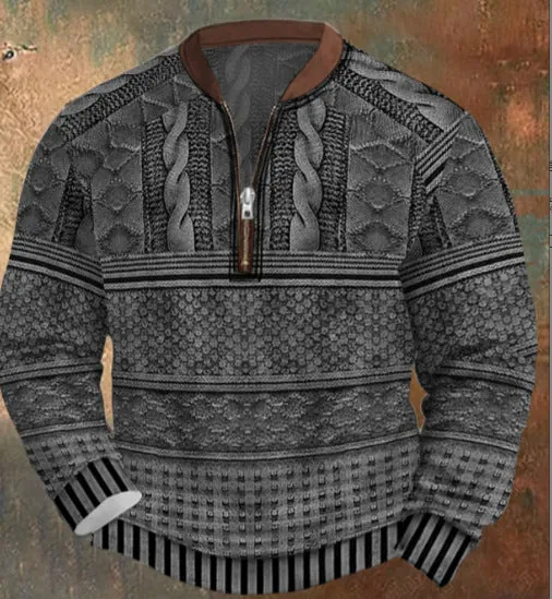 Men's casual checkered printed half zip hoodie loose fit polyester cardigan street tide style