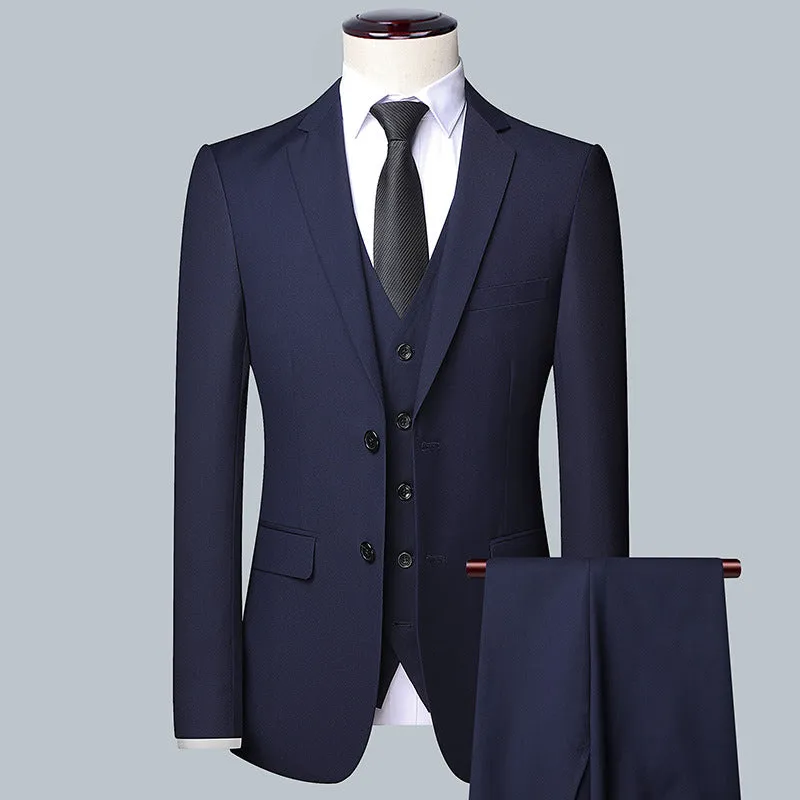 Men's South Korean-style slim-fit business two-button suit set in gray colour showing coat and trousers