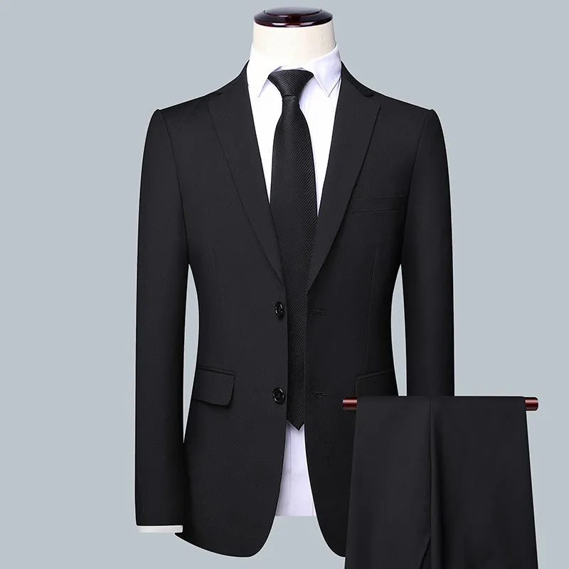 Men's South Korean-style slim-fit business two-button suit set in gray colour showing coat and trousers