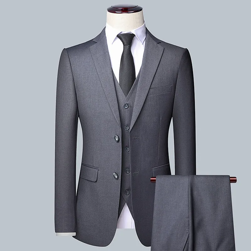 Men's South Korean-style slim-fit business two-button suit set in gray colour showing coat and trousers