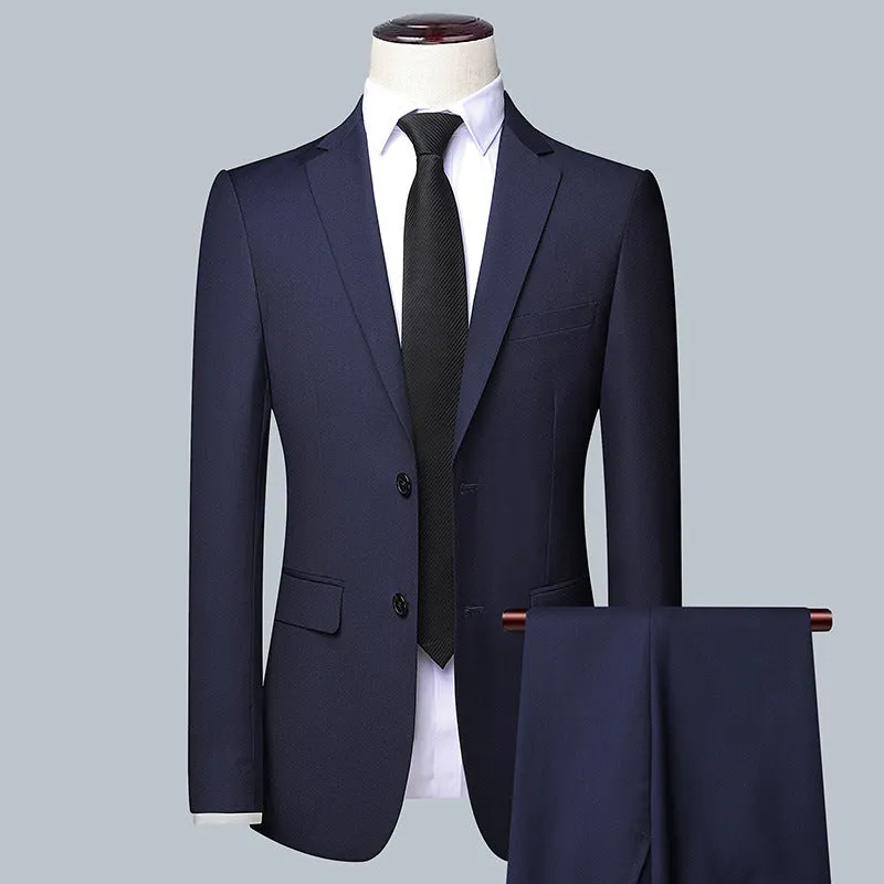 Men's South Korean-style slim-fit business two-button suit set in gray colour showing coat and trousers