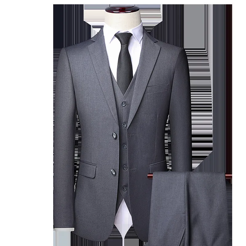 Men's South Korean-style slim-fit business two-button suit set in gray colour showing coat and trousers