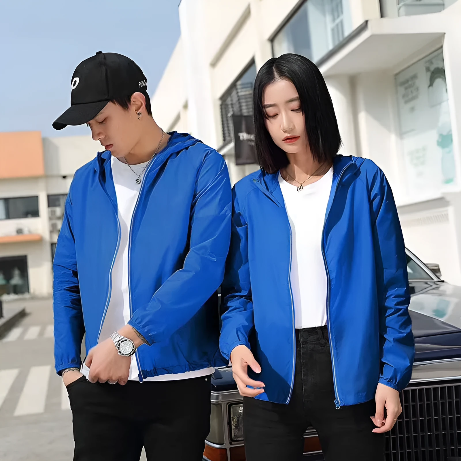 Sun protection shell jacket for women and men in solid colour, hooded nylon quick-dry waterproof windproof reflective outdoor coat